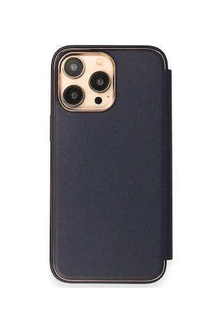 Apple Uyumlu iPhone 14 Pro Max Kapaklı Kılıf Parmak Izi Bırakmaz Dışı Deri Içi Süet Tasarım Lacivert