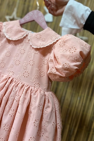 Dantel Süslemeli Balon Kol Kız Çocuk Bebek Fisto Elbise 001