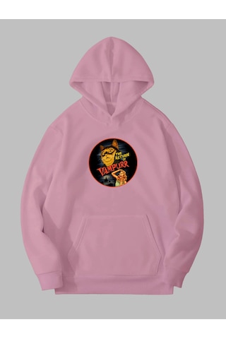 Harmandar Üç İplik Vampurr Kedi Baskılı Unisex Pembe Kanguru Cepli Kapüşonlu Sweatshirt Hoodie Vampurrpembesweat