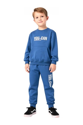 Ersefa Enerjik Sloganlı Erkek Çocuk Örme Eşofman Ve Sweatshirt Seti Kali İndigo