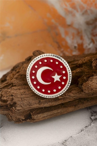 925 Ayar Gümüş Mineli Ayyıldız Puantiyeli Rozet -8065 Gümüş