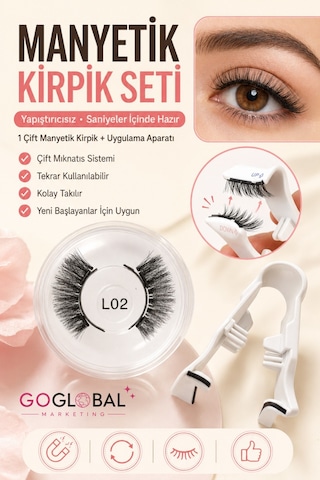 Manyetik Takma Kirpik Seti L02 Çift Mıknatıslı Yapıştırıcısız Doğal Görünüm Uygulama Aparatl