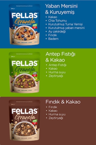 Fellas Granola 3'lü Mix Paket - Yaban Mersinli 200 G Fındık 200 G Antep Fıstığı 200 G