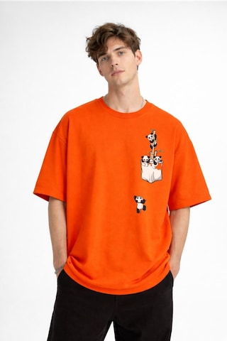 Misa Tahtakale Panda - Baskılı Oversize Tişört Turuncu Çok Renkli