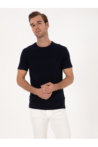 Lacivert Slim Fit %100 Pamuk Bisiklet Yaka Şerit Detaylı T-shirt