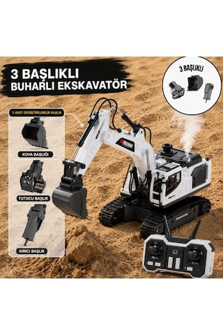 Metal Başlıklı Buharlı 1:18 Ölçekli Uzaktan Kumandalı 10 Fonksiyonlu 2.4 Ghz Oyuncak Ekskavatör Beyaz