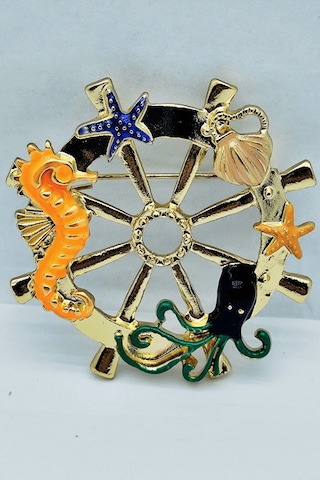 Deniz Dümeni Ve Deniz Canlıları Gold Broş Çok Renkli
