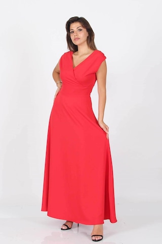 Neşeli Butik Kadın Omuz Detaylı Kayık Yaka Uzun Abiye Elbise Nb8076 Kırmızı