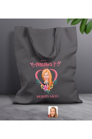 Bk Gift Kişiye Özel Anneler Günü Karikatürlü Antrasit Kumaş Bez Çanta, Baskılı Omuz Çantası, Alışveriş Çantası, Anneye Hediye-5 Antrasit