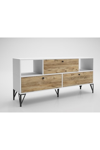Wood'n Love Mia 160 Cm Metal Ayaklı Tv Ünitesi - Konsol - Beyaz - Atlantik Çam / Siyah
