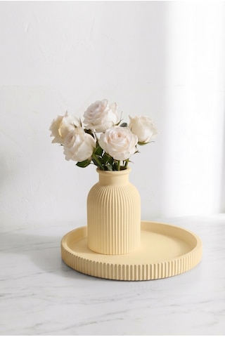 Senfoni Vazo Dekoratif Set - Modern Minimalist Estetik Tasarım Dekoratif Set - Pilli Mum, Mumluk Ve Tepsi Dahil Ev Ofis Salon Dekorasyonu İçin Şık Kompozisyon - Ahenk Tasarım Bej