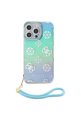 Apple Uyumlu iPhone 15 Pro Max Kılıf Guess Lisanslı Desenli Yazı Logolu Askı İpli Holografik Glitter Peony Siyah
