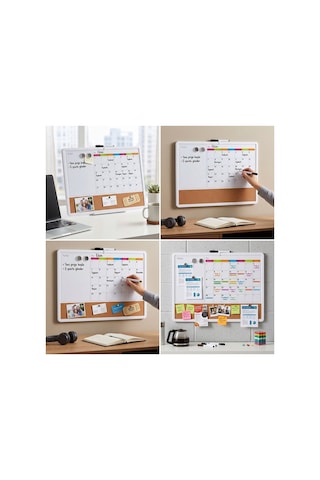 3'ü 1 Arada Manyetik Takvimli Mantar Pano Ve Yazı Tahtası 43x58.5 Cm + Kalem, Magnet, Sticker Seti Beyaz