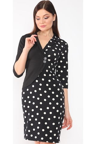 Etselements Kadın Siyah Puantiyeli Kruvaze Ve Düğmeli Ofis Elbise Siyah