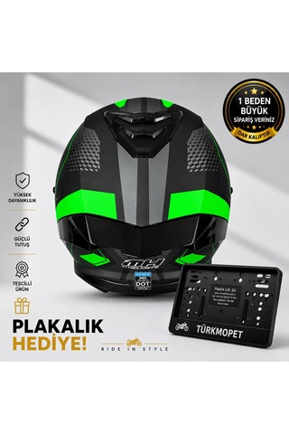 Mh Sports Çene Açılır Güneş Vizörlü Kask + Plakalık Siyah-yeşil