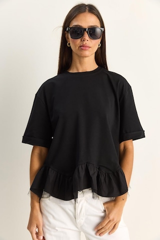 Shade Kadın Tül Detaylı Volanlı Oversize Basic T-shirt 8789 60286165 - Siyah