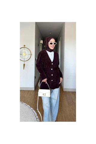 Nes Moda Kadın Düğme Detaylı Bel Büzgülü Angora Tesettür Triko Hırka Kazak Mor Mor