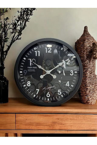 Siyah Metal Çerçeveli Atatürk Duvar Salon Ofis Saati Çap 60 Cm Siyah