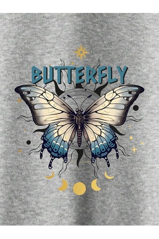 Butterfly Yazı Desen Hırka - Gri Baskılı Oversize Kapüşonlu Gri