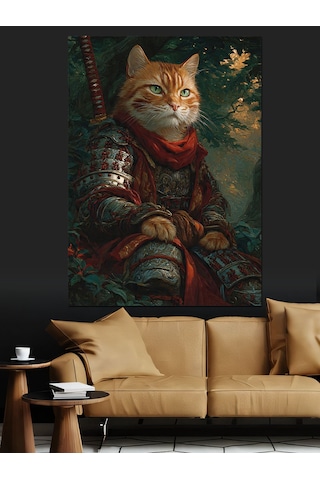 Ahşap Tablo Zırh Giyen Kedi Savaşçı