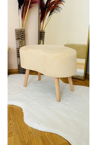 Fasulye Model Ahşap Ayaklı Teddy Kumaş Dekoratif Puf Bench Ekru