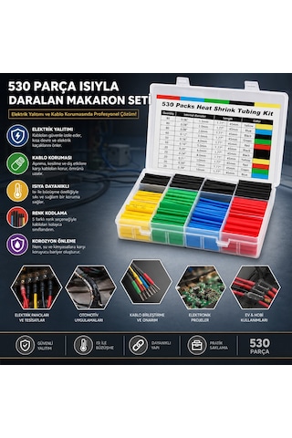 530pcs Makaron Kablo Tamir Seti Isıyla Büzüşmeli Daralan Hortum Kırmızı