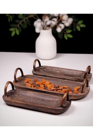Bambum 3 Parça Pavlonya Deepwood Ahşap Sunum Seti Kulplu Dikdörtgen Servis Tabakları Ahşap