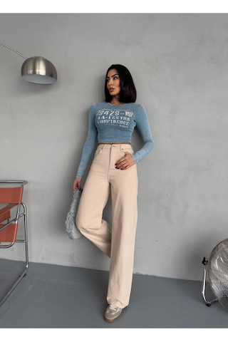 Bej Denım Kumaş Wide-leg Pantolon Bej
