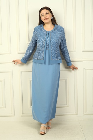Kadın Boncuk Pul İşlemeli Tül Ceket Yarım Ay Kollu Uzun Elbise Astarlı Büyük Beden 2'li Takım İndigo