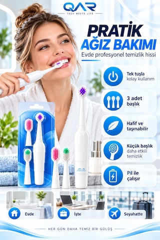 Elektrikli Masajlı Diş Fırçası 3 Başlıklı Yumuşak Kıllı Ağız Bakım Fırçası