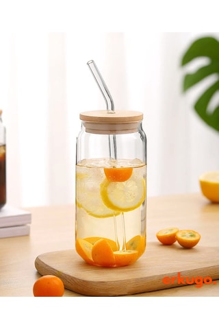 Bambu Kapaklı Pipetli Borosilikat Sunum Bardağı, Kahve Bardağı, Isı Dayanıklı Bardak 600 Ml Coollime