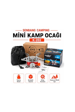 Senbang Camping K-202 Mini Kamp Ocağı Portatif Kartuşlu Gaz Ocağı, Taşıma Keseli Kompakt Piknik Ocağı Kırmızı