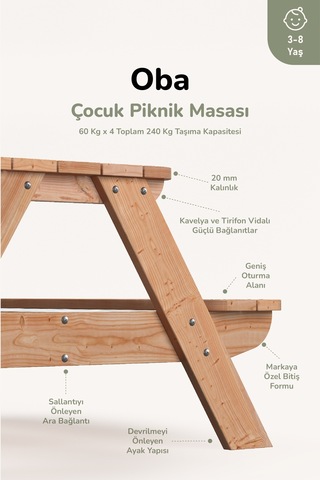 Ovlo Ahşap Çocuk Bahçe Masası Şemsiye Delikli 3-8 Yaş 4 Kişilik Oba Naturel