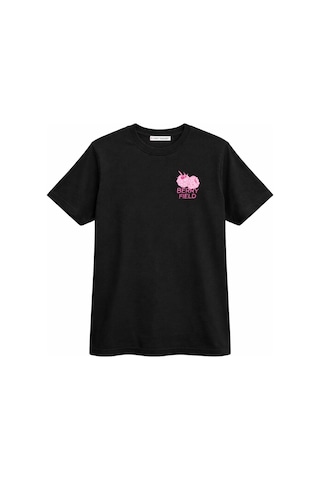 Mixray 2054 Kadın Berry Field Baskılı %100 Pamuk T-shirt Siyah