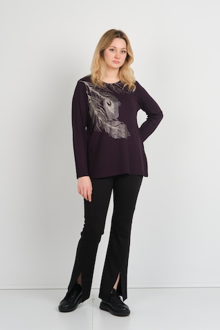 Detay Triko Kadın Taş İşlemeli Ve Desenli Bisiklet Yaka Uzun Kol Anne Bluz 5721 Mürdüm Mürdüm