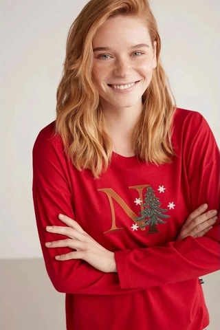 Nautıca W606 Kadın Uzun Kollu Ekoseli Pijama Takımı Kırmızı