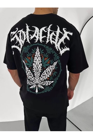Modi Unisex Bisiklet Yaka Baskılı Oversize T-shirt - Siyah - Mymg106752