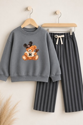 Monila Erkek Çocuk Antrasit Ayıcık Baskılı Sweatshirt Ve Çizgili Eşofman Alt Üst Takım