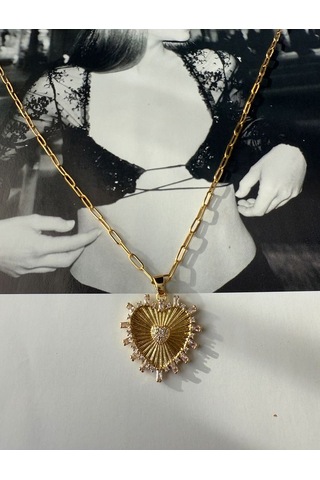 Zirkon Taşlı Kalp Kararmaz Çelik Kadın Gold Kolye Modern Ve Şık Altın