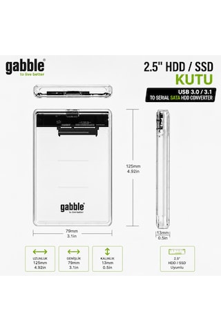 Gabble 2.5" Hdd Ssd Kutusu Usb 3.0/3.1 Sata Harici Disk Kutusu Şeffaf Kasa 5gbps 30cm Kablo