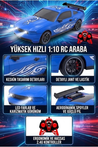 Mustang Dev Boyutlu Uzaktan Kumandalı Yarış Arabası Işıklı 1:10 Ölçekli 6 Fonksiyonlu Oyuncak Araba Mavi