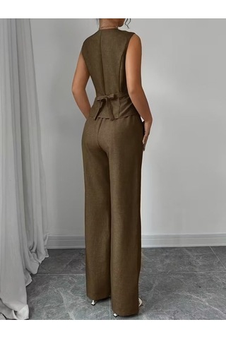 Efnaz Style Kadın Askılı Önden Düğmeli Bluz Ve Pantolon Keten Ikili Takım Kahve
