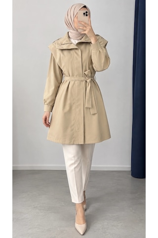 Nevayla Moda Kuşaklı Fermuarlı Mevsimlik Trençkot - Bej / M0116