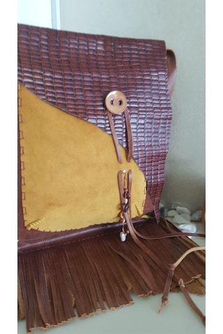 Taba Ve Camel Hakiki Deri El Yapımı Püsküllü Çanta Açık Vizon - Taba