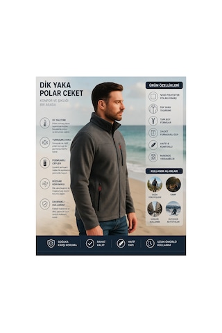 Luxıc Core Erkek Koyu Gri Fermuarlı Polar Dik Yaka, Cepli, Günlük & Outdoor Kullanım