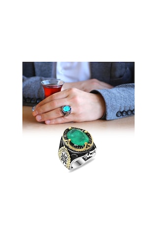 Faset Kesim Soft Yeşil Paraiba Taşlı 925 Ayar Gümüş Erkek Yüzük (488404260)