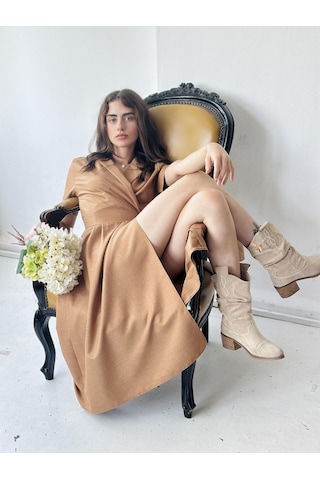 Retrobird Lady Kruvaze Midi Elbise Kadın Taba-13442-taba