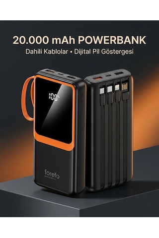 1. Çoklu Çıkışlı 20000 Mah Powerbank Entegre Kablolu Dijital Ekranlı Taşınabilir Şarj Cihazı Rekli