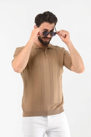 Onno Pamuk İplikli Boydan Çizgili Triko Tshirt Bej