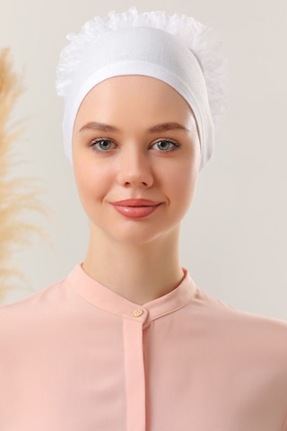Melodi Scarf Tesettür Fırfırlı Bone Beyaz Beyaz